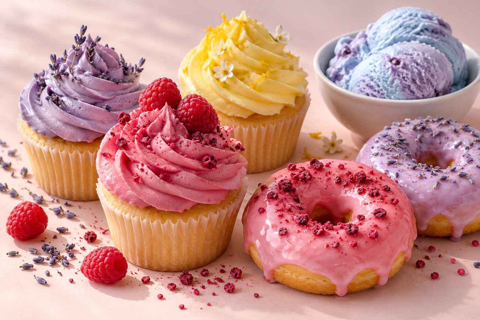Illustrative pink, lavender and yellow frosted cupcakes, glazed donuts and colorful ice cream
